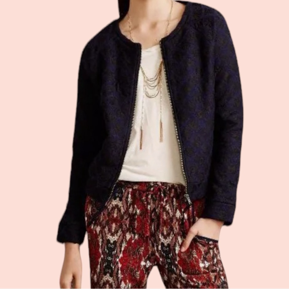 Anthropologie Moth "Madeleine" Navy Bomber Jacket with Black Lace Overlay